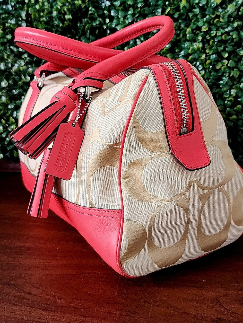 Coach Beige Signature Canvas Satchel with Coral Trim